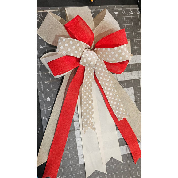 Christmas Bow, Handmade Holiday Bow, Tree Topper, Wreath Accent, Polka Dot Bow - Picture 9 of 9